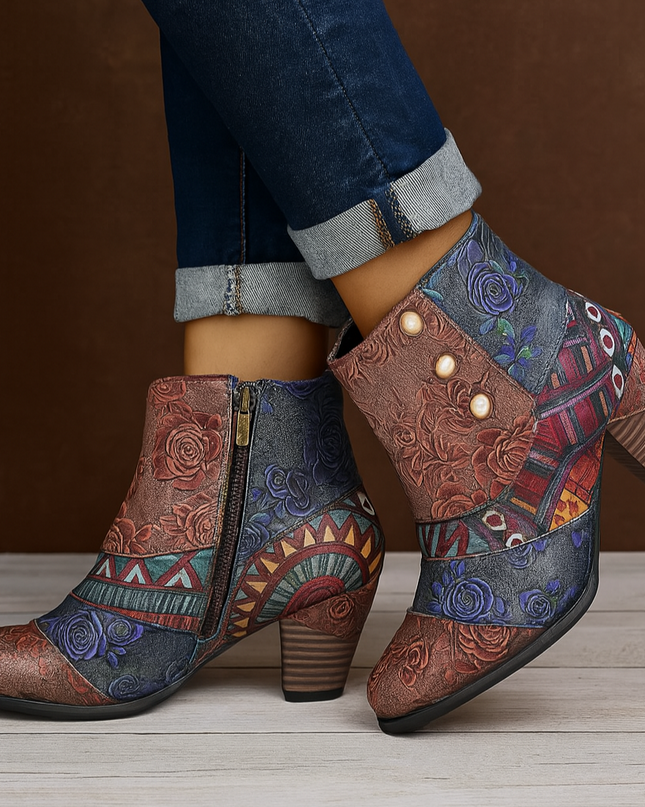 Ella | Women's Floral-Patterned Heeled Boots
