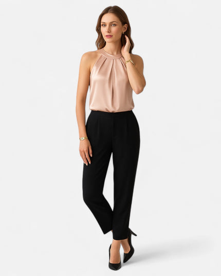 Kimberly | Women’s Elegant Pleated Front Draped Satin Tanks