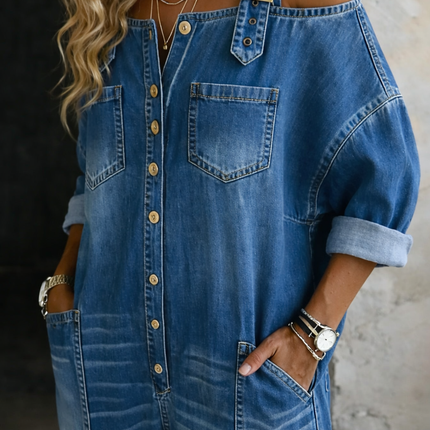 Elara | Women's Relaxed Denim Jumpsuit with Cold Shoulders for Casual Everyday Wear