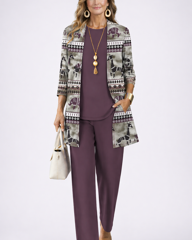 Elara | Women's Printed 3-Piece Set with Longline Jacket, Top and Wide Leg Pants