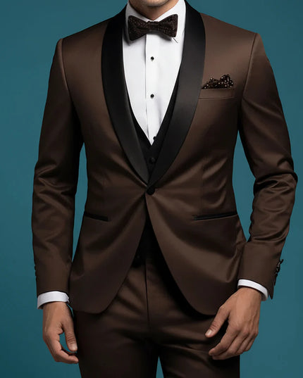Formal Dark Brown 3-Piece Men’s Suit – Black Shawl Lapel, Elegant Party Ensemble
