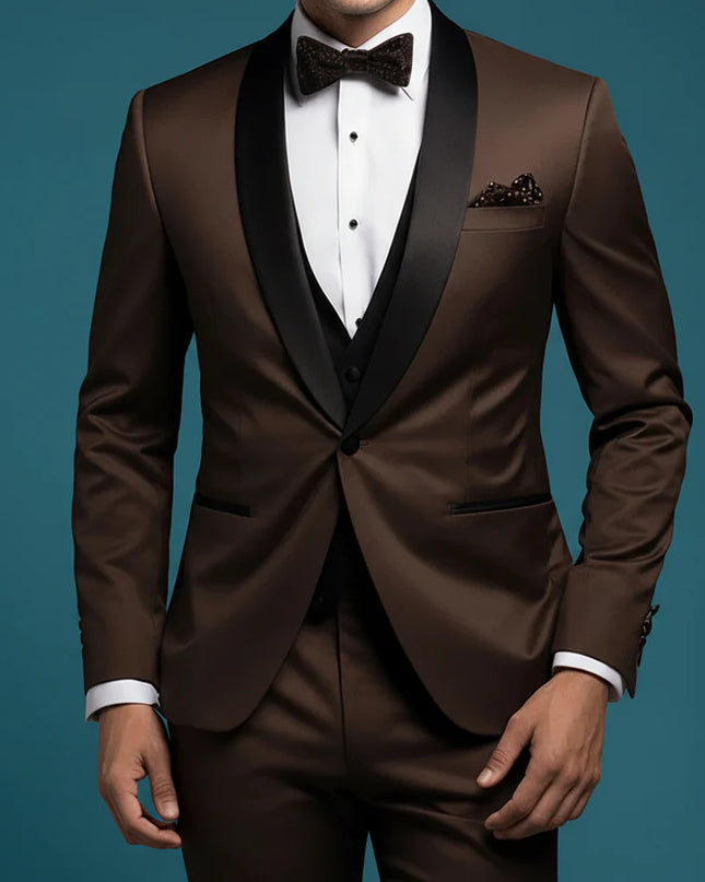 Formal Dark Brown 3-Piece Men’s Suit – Black Shawl Lapel, Elegant Party Ensemble
