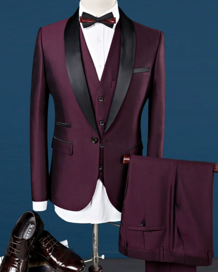 Formal Dark Brown 3-Piece Men’s Suit – Black Shawl Lapel, Elegant Party Ensemble