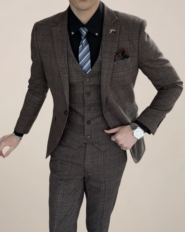 High Quality Modified Plaid Three-Piece Suit for Men - Stylish Business Suit