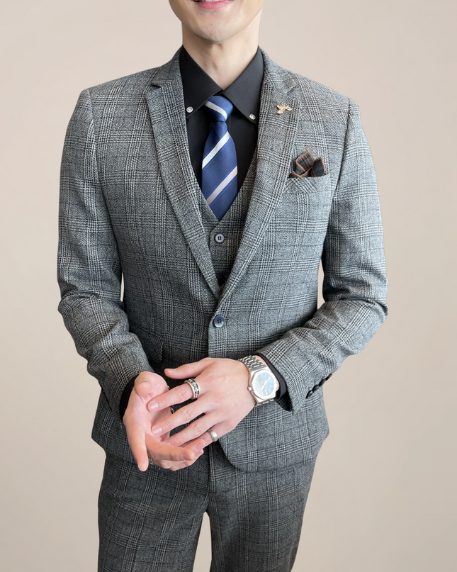 High Quality Modified Plaid Three-Piece Suit for Men - Stylish Business Suit