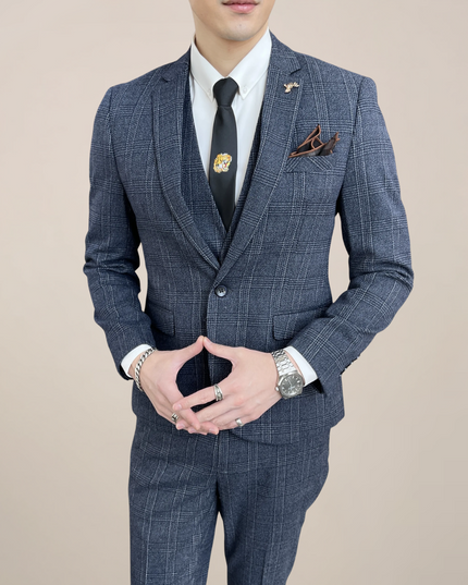 High Quality Modified Plaid Three-Piece Suit for Men - Stylish Business Suit
