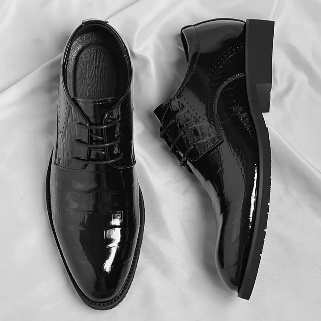 Men’s Black Patent Oxford Dress Shoes – Gloss Textured Finish with Lace-Up Closure