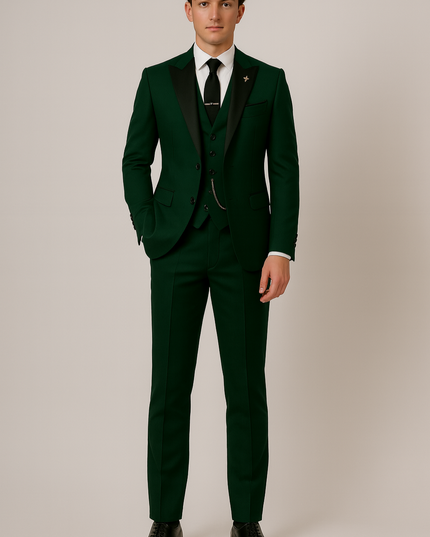 Men’s Dark Green Three-Piece Suit – Tailored, Contrast Lapel