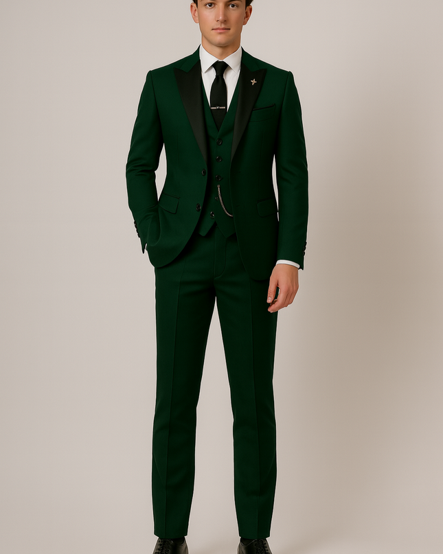 Men’s Dark Green Three-Piece Suit – Tailored, Contrast Lapel