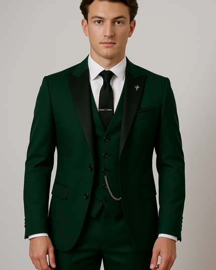 Men’s Dark Green Three-Piece Suit – Tailored, Contrast Lapel