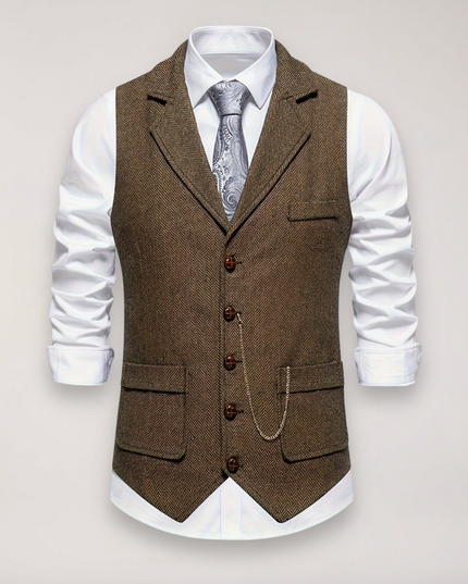 Men’s Herringbone Waistcoat – Classic Fit with Reversed Collar