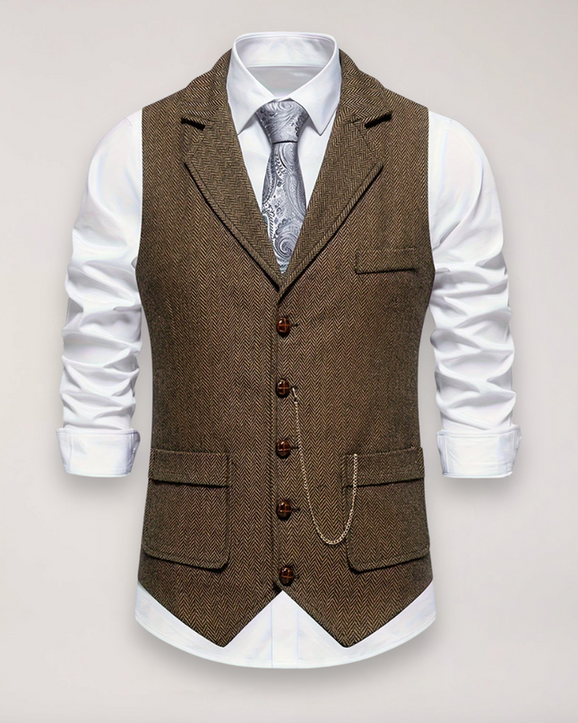 Men’s Herringbone Waistcoat – Classic Fit with Reversed Collar