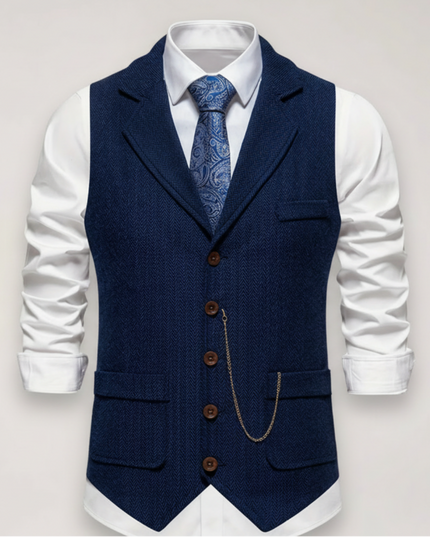 Men’s Herringbone Waistcoat – Classic Fit with Reversed Collar