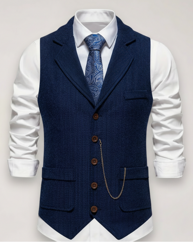Men’s Herringbone Waistcoat – Classic Fit with Reversed Collar