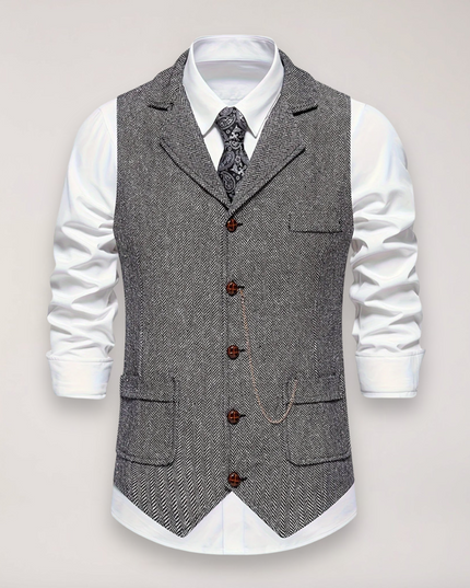 Men’s Herringbone Waistcoat – Classic Fit with Reversed Collar