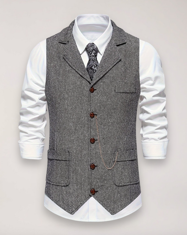Men’s Herringbone Waistcoat – Classic Fit with Reversed Collar