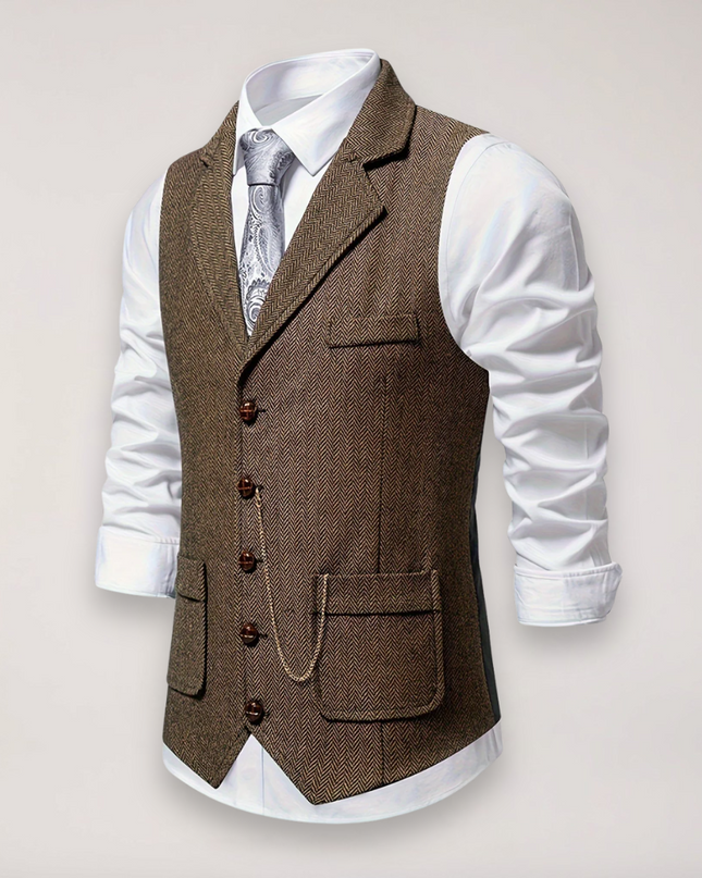 Men’s Herringbone Waistcoat – Classic Fit with Reversed Collar