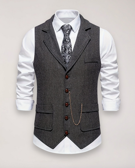 Men’s Herringbone Waistcoat – Classic Fit with Reversed Collar