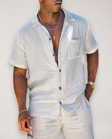 Men’s Linen Two-Piece Summer Set – Short Sleeve Shirt & Shorts with Relaxed Fit