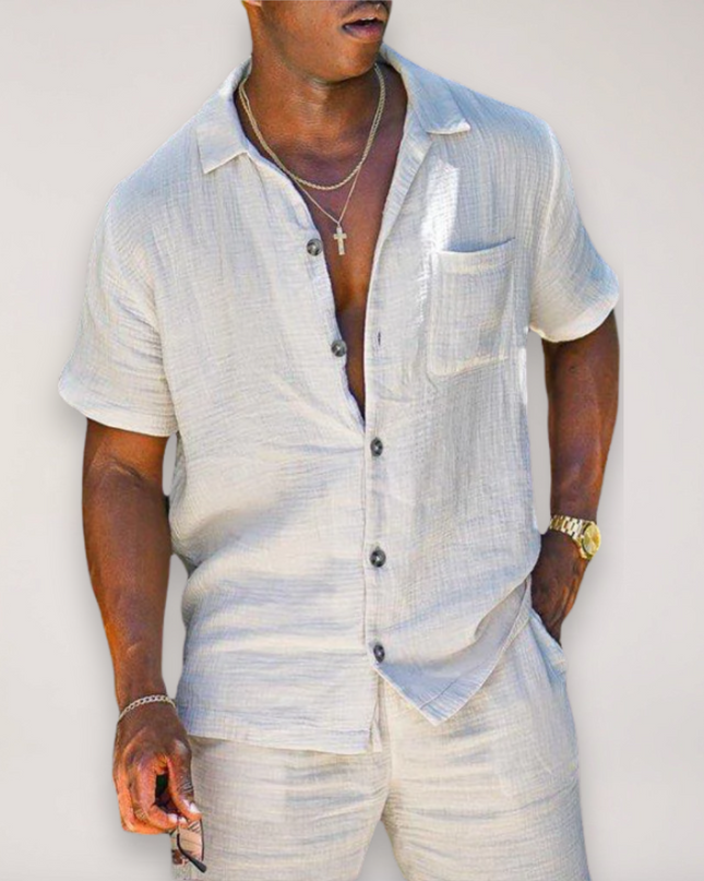 Men’s Linen Two-Piece Summer Set – Short Sleeve Shirt & Shorts with Relaxed Fit