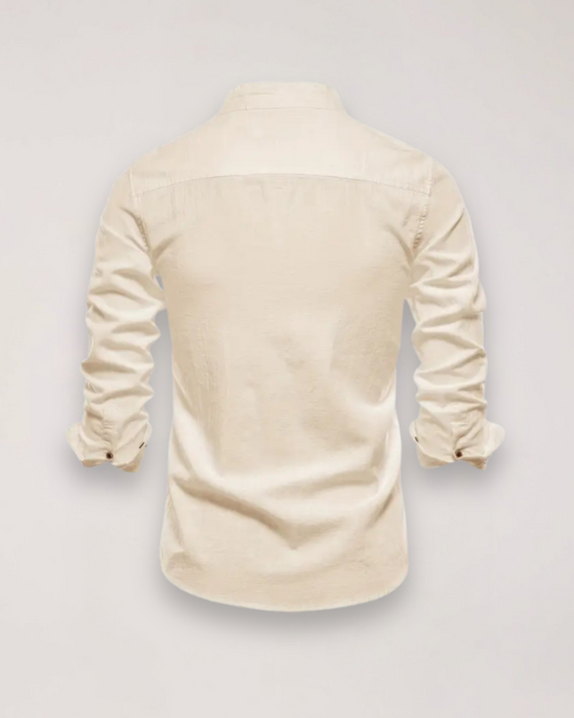 Men’s Long Sleeve Stand Collar Shirt – Embroidered Solid Design for Smart Casual Styling