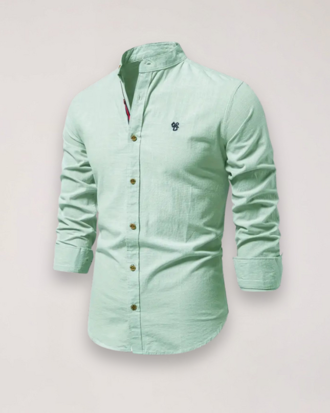 Men’s Long Sleeve Stand Collar Shirt – Embroidered Solid Design for Smart Casual Styling
