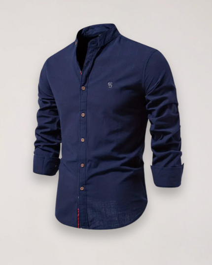 Men’s Long Sleeve Stand Collar Shirt – Embroidered Solid Design for Smart Casual Styling