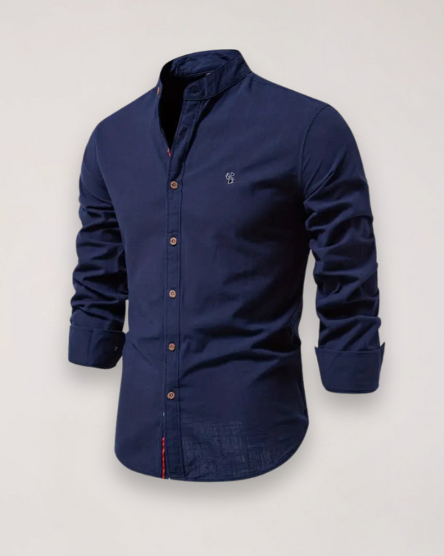 Men’s Long Sleeve Stand Collar Shirt – Embroidered Solid Design for Smart Casual Styling