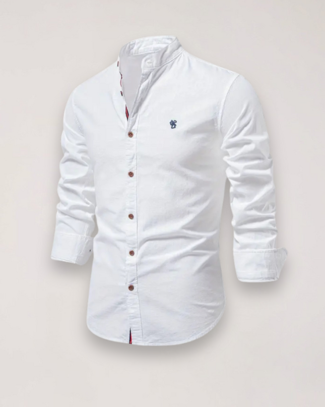 Men’s Long Sleeve Stand Collar Shirt – Embroidered Solid Design for Smart Casual Styling