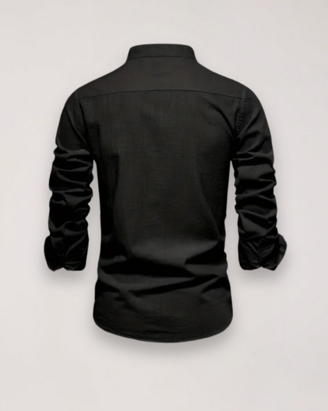 Men’s Long Sleeve Stand Collar Shirt – Embroidered Solid Design for Smart Casual Styling