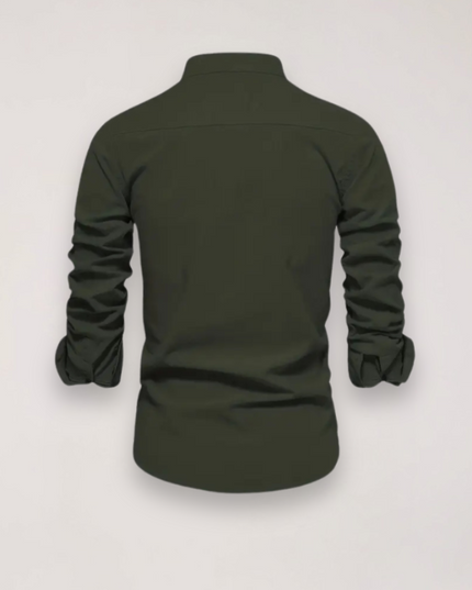 Men’s Long Sleeve Stand Collar Shirt – Embroidered Solid Design for Smart Casual Styling