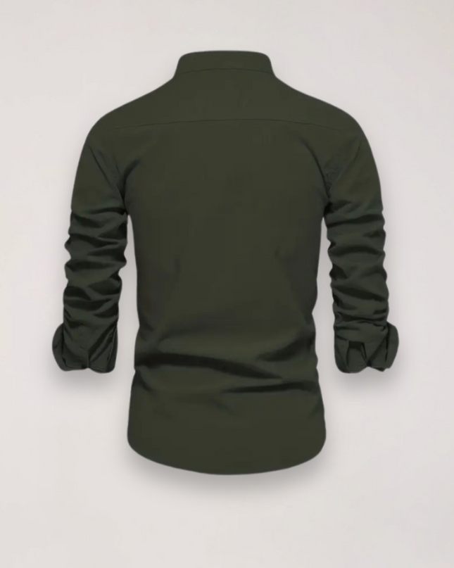 Men’s Long Sleeve Stand Collar Shirt – Embroidered Solid Design for Smart Casual Styling