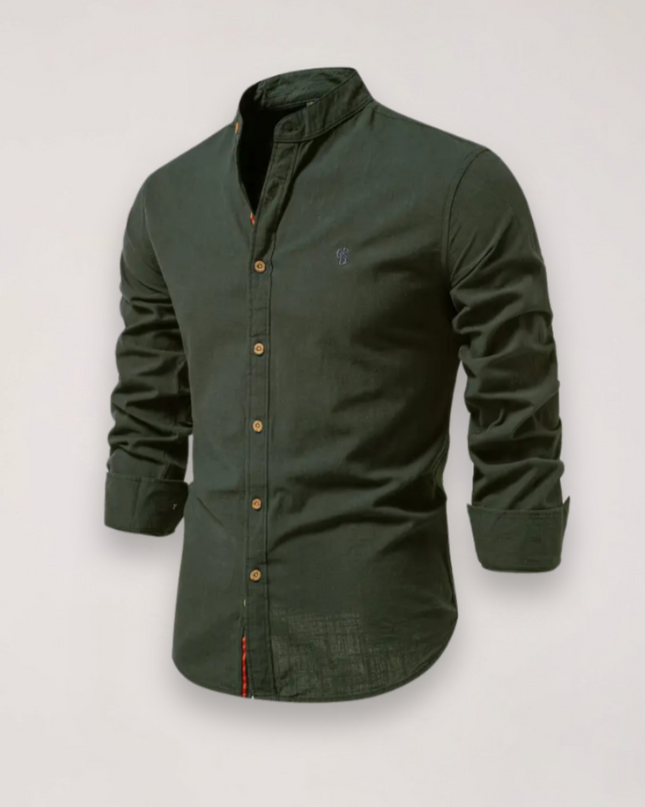 Men’s Long Sleeve Stand Collar Shirt – Embroidered Solid Design for Smart Casual Styling