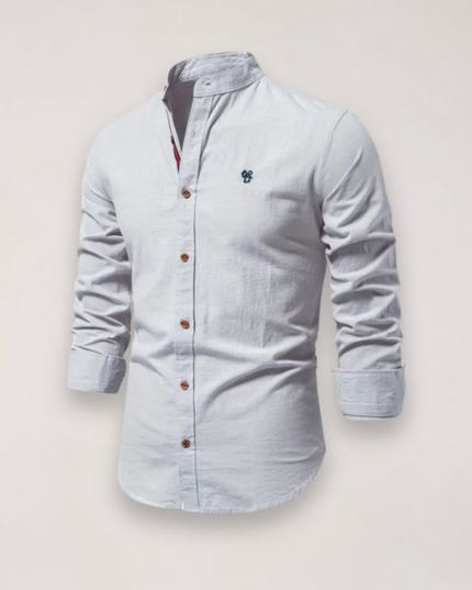 Men’s Long Sleeve Stand Collar Shirt – Embroidered Solid Design for Smart Casual Styling