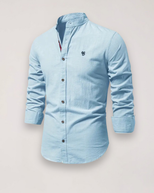 Men’s Long Sleeve Stand Collar Shirt – Embroidered Solid Design for Smart Casual Styling