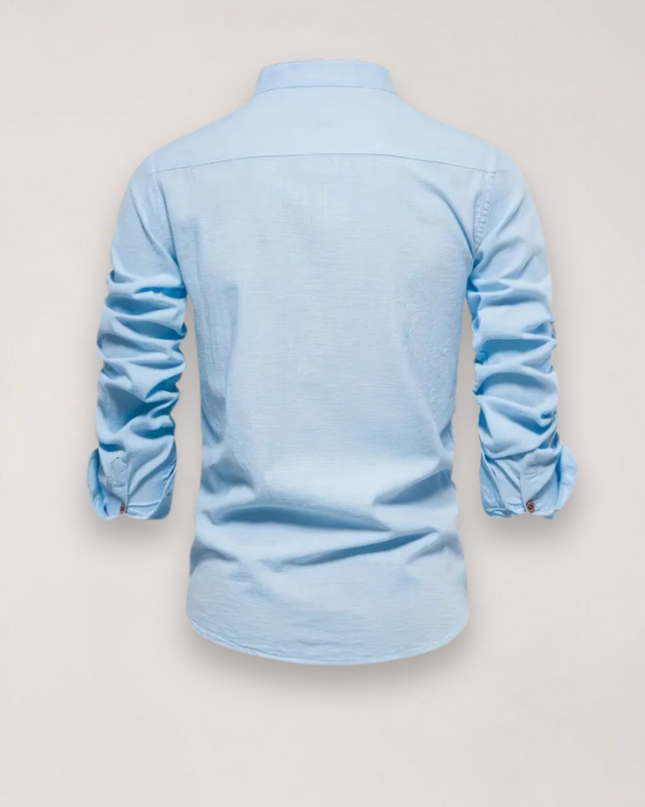 Men’s Long Sleeve Stand Collar Shirt – Embroidered Solid Design for Smart Casual Styling