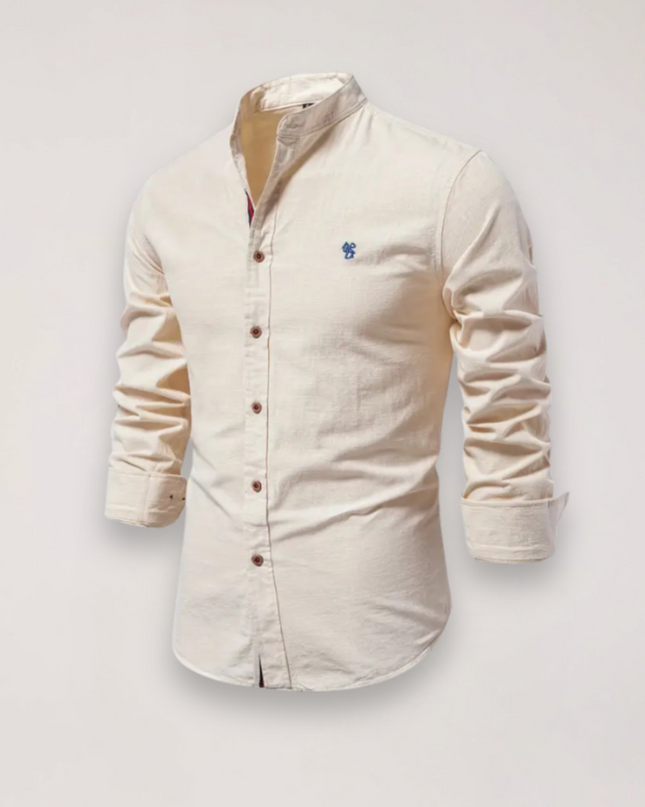Men’s Long Sleeve Stand Collar Shirt – Embroidered Solid Design for Smart Casual Styling