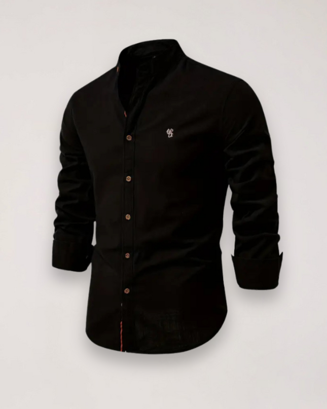 Men’s Long Sleeve Stand Collar Shirt – Embroidered Solid Design for Smart Casual Styling