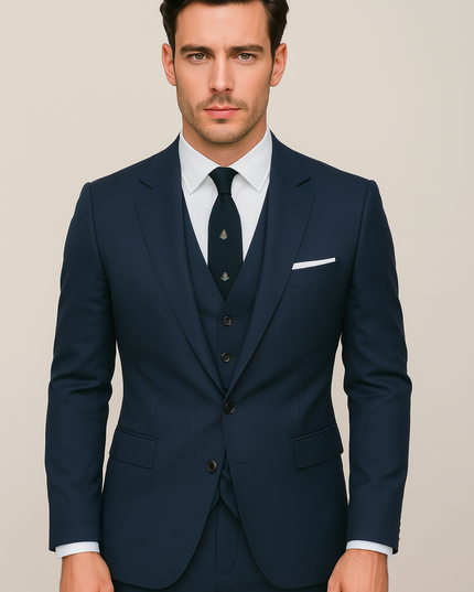 Men’s Navy Blue Three-Piece Suit – Business Casual Blazer, Waistcoat & Trousers