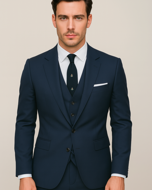 Men’s Navy Blue Three-Piece Suit – Business Casual Blazer, Waistcoat & Trousers