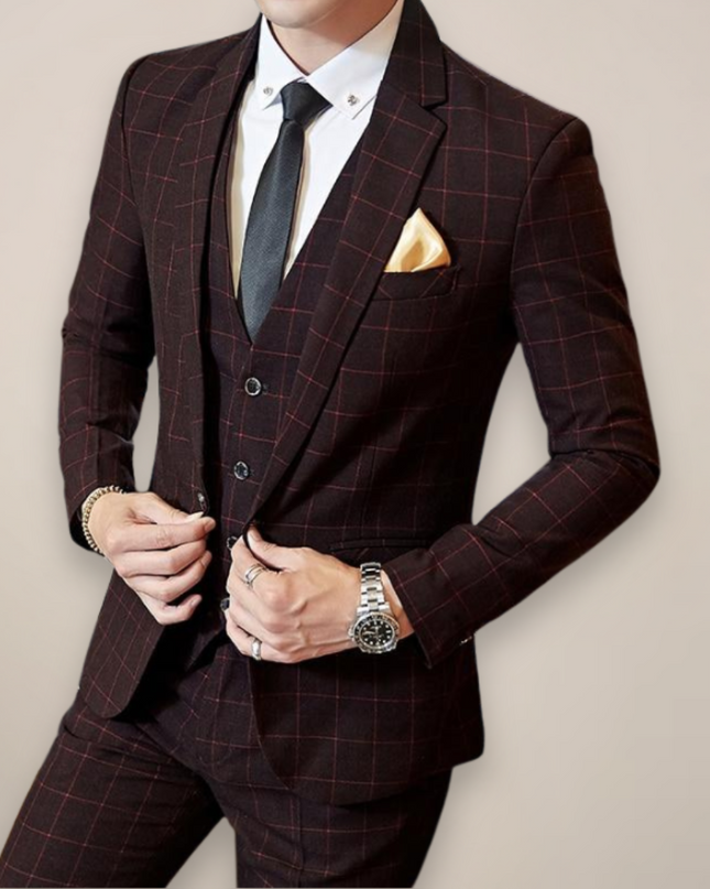 Men’s Plaid Two-Piece Formal Suit – Slim Fit Checked Blazer & Trousers
