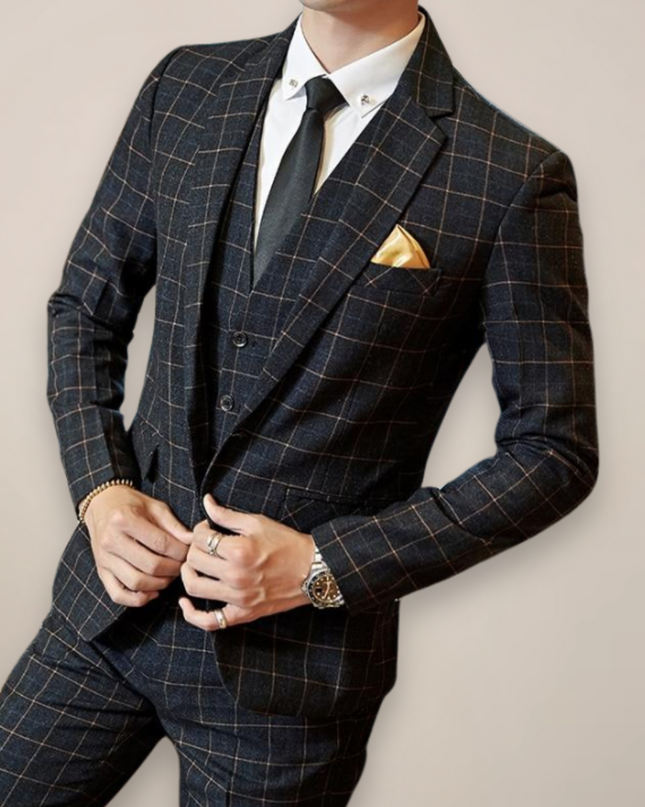 Men’s Plaid Two-Piece Formal Suit – Slim Fit Checked Blazer & Trousers