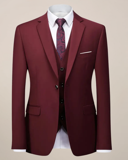 Men’s Slim Fit Three-Piece Suit – Tailored Burgundy Ensemble for Weddings & Formal Events