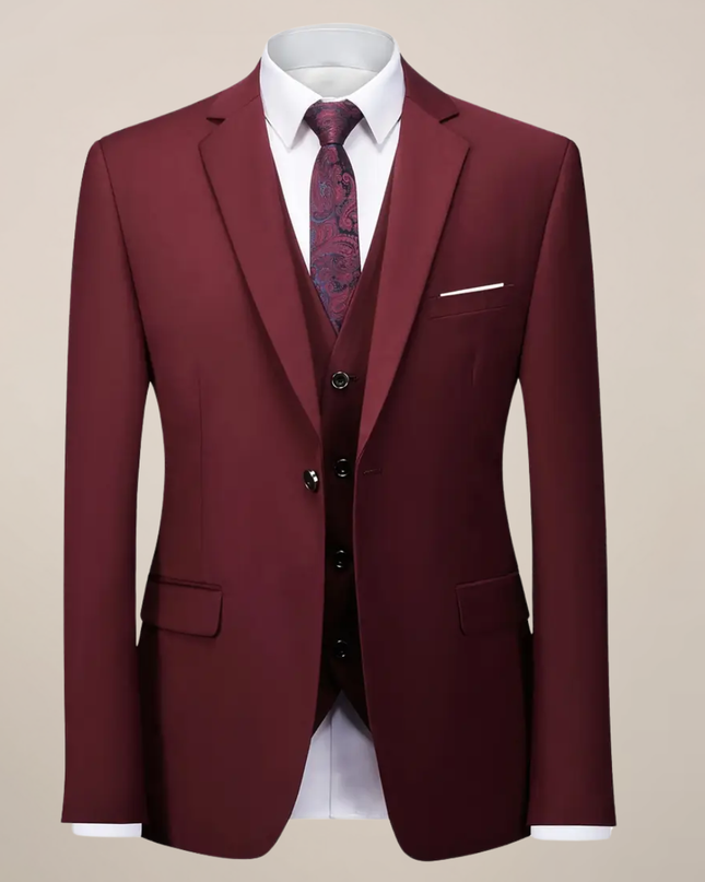 Men’s Slim Fit Three-Piece Suit – Tailored Burgundy Ensemble for Weddings & Formal Events