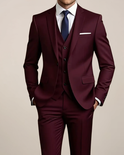 Men’s Slim Fit Three-Piece Suit – Tailored Burgundy Ensemble for Weddings & Formal Events
