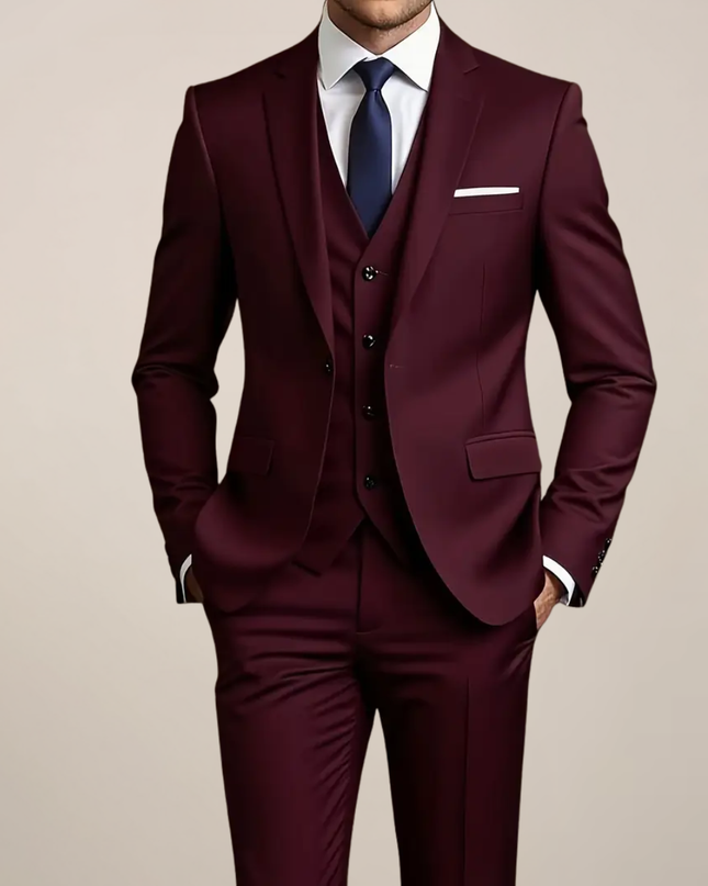 Men’s Slim Fit Three-Piece Suit – Tailored Burgundy Ensemble for Weddings & Formal Events