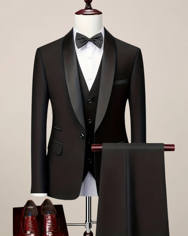 Men’s Slim Fit Three-Piece Tuxedo Suit – Tailored Formal Ensemble for Weddings & Black-Tie Events
