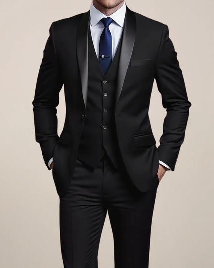 Men’s Slim Fit Three-Piece Tuxedo Suit – Tailored Formal Ensemble for Weddings & Black-Tie Events