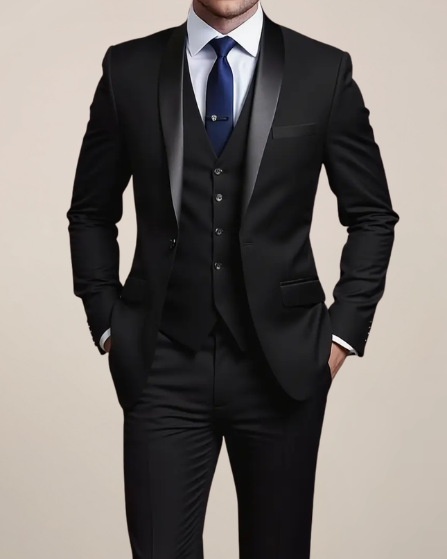 Men’s Slim Fit Three-Piece Tuxedo Suit – Tailored Formal Ensemble for Weddings & Black-Tie Events