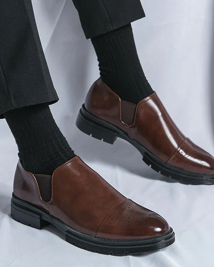 Men’s Slip-On Leather Shoes – Smart Casual Comfort with Elastic Panels